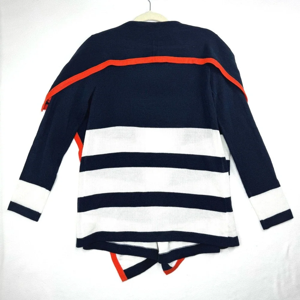 Jones New York Signature Women's Navy White‎ Striped Cardigan Orange Trim Small - Picture 2 of 5
